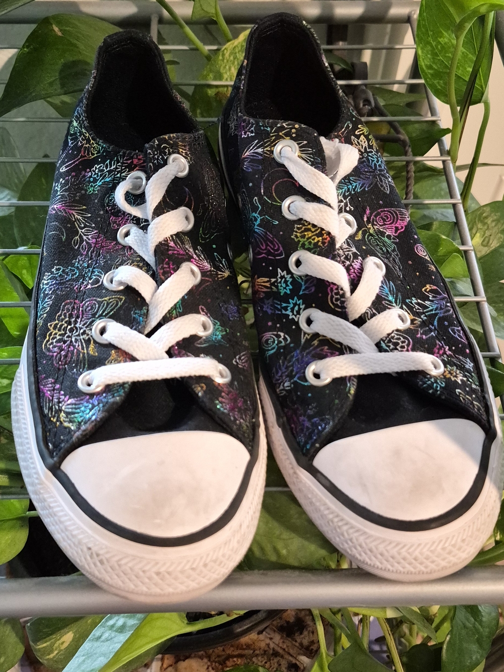 Converse Black Canvas Kids Sneakers with Neon Floral Doodles